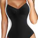 RXRXCOCO Women Slimming Tummy Control One Piece Swimsuits V Neck Crisscross Back Bathing Suit (Large, Black and White)