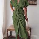 Women Elegant Satin Button Down Short Sleeve Maxi Shirt Dress with Belt (Small, 01-army Green)