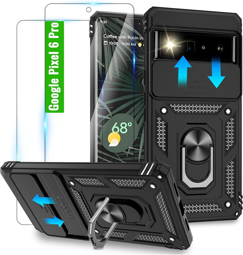 for Google Pixel 6 Pro Case with 2 Pcs HD Screen Protector and Slide Camera Cover, Military-Grade with Magnetic Ring Holder Case for Google Pixel 6 Pro, Black