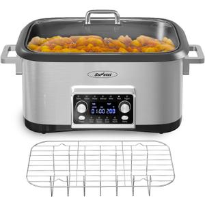 Sunvivi Programmable 8 Quart Slow Cooker, 12 in 1 Multi-Cooker Food Warmer with Digital Timer, Temp Control, Removable Cast Aluminum Pot & Dishwasher-Safe Tempered Glass Lid, Stainless Steel
