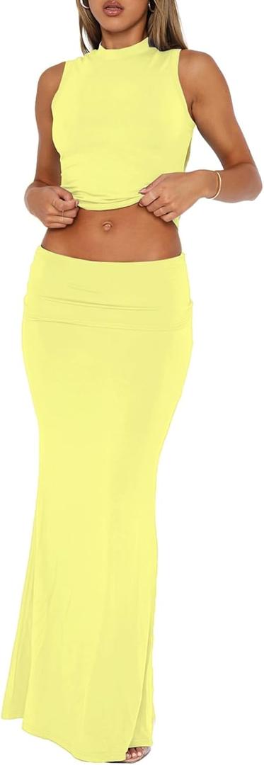 Skirt Sets Women 2 Piece Outfits Summer Going Out Y2K Outfits Two Piece Sleeveless Tank Crop Top Bodycon Maxi Skirts (Large, Yellow)