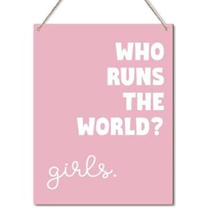 Who Runs the World Girls Wooden Wall Signs for Baby Girl Room Signs Pink Wall Decor for Girls Room Wall Art Sunshine Nursery Decor Door Hanging Signs for Girls Decor Bedroom Gifts for Daughters - Y379
