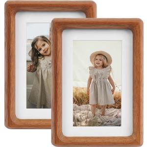 5x7 Picture Frame Set of 2 Natural Wood Photo Frames Display Pictures 4x6 with Mat or 5x7 without Mat Multi Photo Frames Collage for Wall or Tabletop Decor (Walnut)