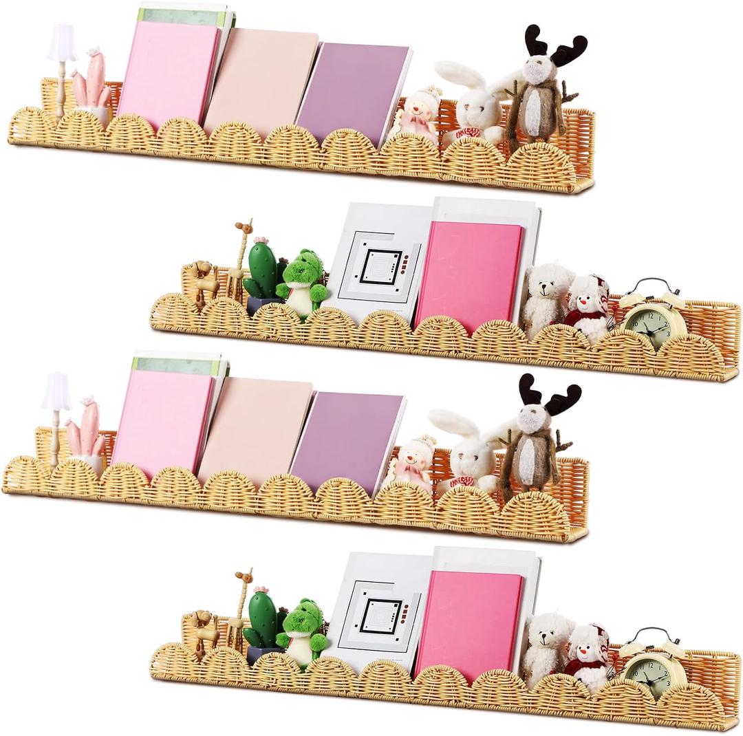 Pinkunn 4 Pcs Nursery Book Shelves 35.4 Inch Rattan Scalloped Floating Bookshelves Wicker Boho Book Shelf for Wall Mounted Decor Nursery Rooms Hanging