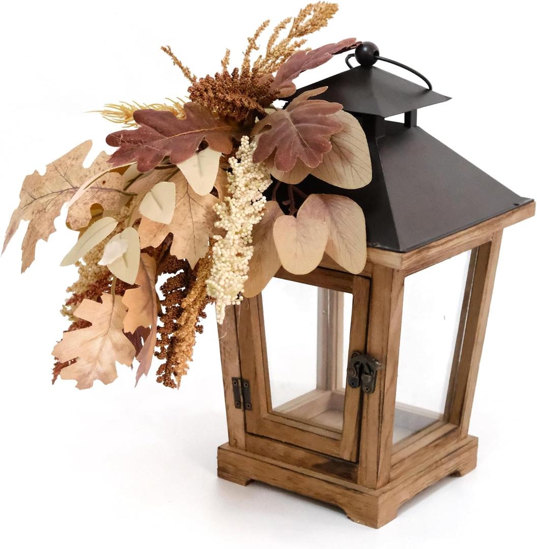 Fall Lantern Decoration, Large Wooden Hurricane Candle Lantern Decorated with Autumn Wheat Leaves, Fall Decor for Home, 14" Tall