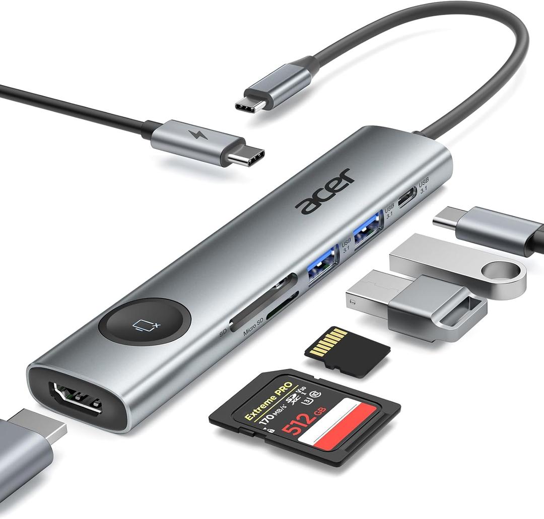 Acer 7 in 1 USB C Hub Multiport Adapter, USB C to HDMI Adapter 4K@60Hz, 100W PD, 2 USB A 3.1 + Type-C 3.1 5Gbps Data, SD Card Reader, USBC Hub HDMI Compatible with Laptop, Macbook Neo, iPhone 17/16/15 (Grey)