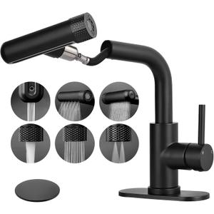 Matte Black Bathroom Faucet with Pull Down Sprayer, 6 Water Mode, Single Handle, 1 or 3 Hole Bathroom Sink Faucet with Pop Up Drain for RV Bar Laundry Vanity