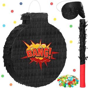 Wettarn Hero Boom Piñata for Birthday Party Large Black Piñata with Blindfold Stick Confetti Hero Theme Party Game Prop for Adults, 13.4 x 11.8 x 3 Inches