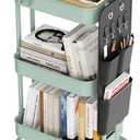 DTK 3 Tier Metal Utility Rolling Cart with Table Top and Side Bags, Metal Tray Storage Organizer Cart with Wheels, Art Craft Cart with 4 Hooks for Kitchen Bathroom Office Living Room (Green) (Large)