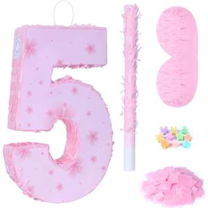 Pink Number 5 Piata with Pinata Stick & Blindfold for Kids Girls Boys 5th Birthday Party Decorations Carnival Games with Hair Claw Clip Gift (Number 5)