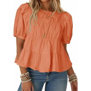 Tankaneo Womens Puff Sleeve Peplum Babydoll Tops Summer Flowy Pleated Cotton T-Shirts Casual Loose Fit Cute Blouse XL