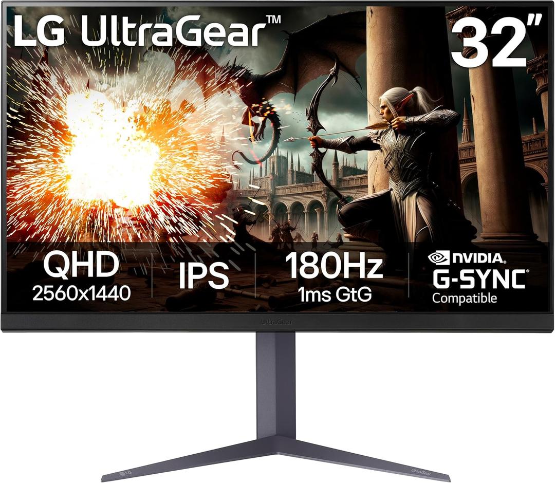 LG 32" Ultragear QHD (2560x1440) Gaming Monitor, 180Hz, 1ms, IPS, DisplayHDR 400, NVIDIA G-SYNC Compatible, AMD FreeSync, VESA Adaptive Sync, HDR10, Tilt/Height/Pivot Stand, HDMI, DisplayPort, Black