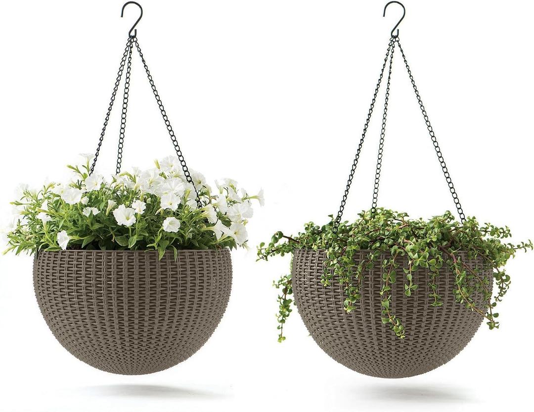 Keter Resin Rattan Set of 2 Round Hanging Planter Baskets for Indoor and Outdoor Plants-Perfect for Porches and Patio Decor, Cappuccino, Medium
