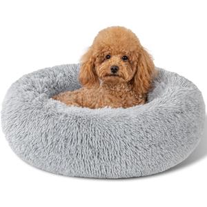 Dog Calming Beds for Small Medium Large Dogs - Round Donut Washable Puppy Dog Bed, Anti-Slip Faux Fur Fluffy Donut Cuddle Anxiety Cat Pet Bed(Light Grey 20")
