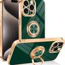 Dinick Designed for iPhone 15 Pro Case with Ring Holder Soft TPU Bumper Glitter Plated Slim Cover for Women Men Finger Stand for iPhone 15 Pro Case Green and Gold