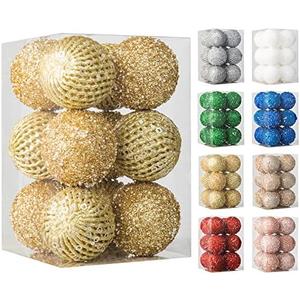 8cm Christmas Ball Ornaments, 12 Pieces Glitter Sequin Foam Ball Shatterproof Christmas Decorations Hanging Baubles for Christmas Trees, Holiday Decorations (Gold)