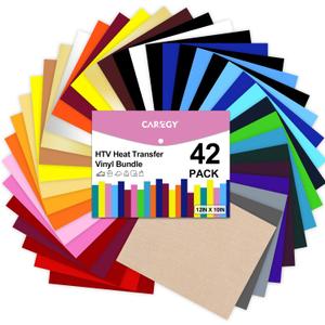 CAREGY HTV Heat Transfer Vinyl Bundle: 42 Pack 12" x 10" Sheets Iron on Vinyl, 30 Assorted Colors, Heat Transfer Vinyl for DIY T-Shirt (42Colors)