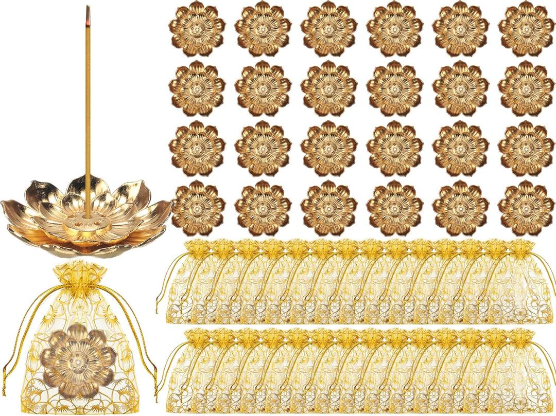 Layhit 24 Set Indian Return Gifts for Pooja Bulk, Lotus Incense Holder Gold Incense Sticks Holder with Organza Bags, Zinc Alloy Stick/Coil/Cone Anti Ash Spilling for Housewarming Yoga Spa Decor