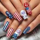 4th of July Press on Nails Medium Square Fake Nails Independence Day French Tips Firework Design False Nails Full Cover Glossy American Flag for Women Patriotic Nails Decoration 24Pcs