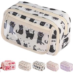 Cute Kawaii Pencil Case Pouch Cartoon Pen Box Holder Organizer for Office Workspace Supplies Desk Accessories Travel Essentials Aesthetic Trendy Cool Stuff Gift Large Capacity (Black Cat)