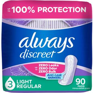 Always Discreet Adult Incontinence Pads for Women, Drier, 3 Drop Regular Length, Light Absorbency, Pads for Bladder Control Management, Bladder Leaks, & Postpartum Pads, 90ct