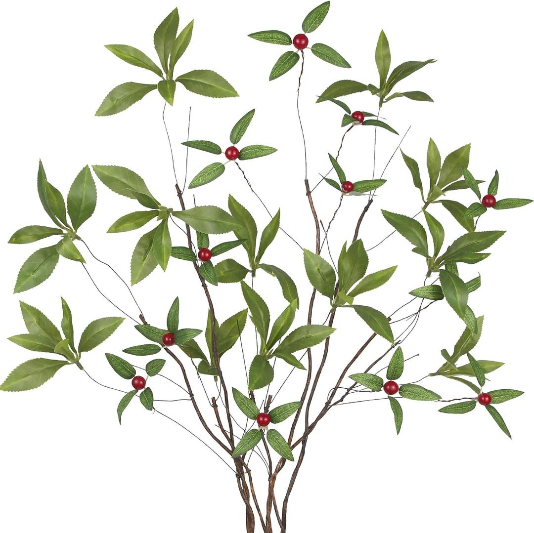 CISDUEO 3 Pcs Artificial Greenery Stems Branches for Vases Faux Branches with Leaves and Mini Red Berries 33" Fake Ficus Twigs for Office Wedding Shop Tall Vase Fillers Table Centerpieces Decoration