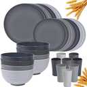 Klickpick Home 32 Pieces wheatstraw Dinnerware Set with 8 Each of Dinner Plates Desert Plates Cereal Salad Bowls Cups Unbreakable Modern Dinner Set for Microwave Dishwasher Safe Reusable Grey stone