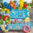 75Pcs Party Decorations Supplies,Tropical Aloha Photography Backdrop,Faux Grass Table Skirt and Balloon Garland Arch Kit for Birthday Party (Pool)