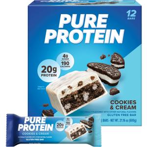 Pure Protein Bars, High Protein, Nutritious Snacks to Support Energy, Low Sugar, Gluten-free, Cookies and Cream, 1.76oz, 12 Pack (EXP 07/24/26)