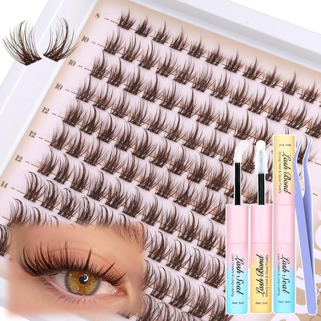 Brown Lash Clutsers Kit Wispy Eyelash Clusters Natural Lashes Extension Kit Dark Brown Individual Eyelashes with Lash Bond and Seal Kit 8-16MM DIY Lash Kit 120 Pcs Cluster Eyelash Extensions Kit