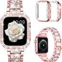 Mosonio Compatible with Apple Watch Band Series 7 41mm with Case Women, Jewelry Replacement Metal Wristband Strap with 2 Pack Bling PC Protective Cover for iWatch 41mm Series 7(Pink)