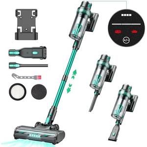QikCln Cordless Vacuum Cleaner - 250W 30Kpa Powerful Stick Vacuum, 90000 RMP Motor, LED Display, Three Modes, 40 Mins Runtime Rechargeable Handheld Vacuum for Pet Hair Hardwood Carpet - Green