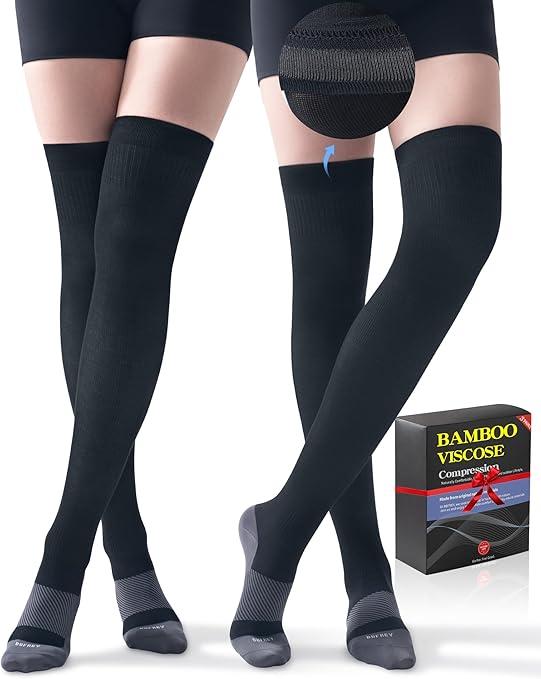 Bamboo Viscose Thigh High Compression Socks for Women Men 15-20 mmHg - Over the Knee Compression Stockings for Summer, Size: Small-Medium