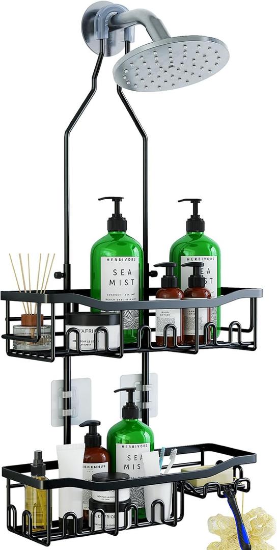 Upgraded Extended Length Shower Organizer with Hooks, Rustproof Shampoo Soap Holder, Large Hanging Bathroom Caddy (Black)