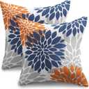 Navy Blue Orange Pillow Covers 18x18 Set of 2 Fall Colored Grey Gray Dahlia Flower Outdoor Decorative Throw Pillows Autumn Themed Farmhouse Pillowcases Linen Cushion Case Decor for Sofa Couch Bed