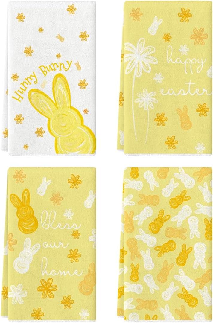 Artoid Mode Yellow Rabbit Flowers Bless Our Home Happy Easter Spring Kitchen Towels Dish Towels, 18x26 Inch Farmhouse Summer Decoration Cleaning Set of 4