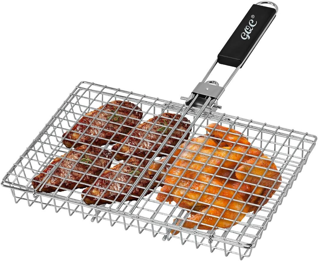 Portable BBQ Grill Basket, Fish Grill Baskets ,Folding Portable Fish Grilling Rack For Grill, 12.6x8.82x 1.97Inch, Heat-Resistant Handle, Stainless Steel Grill Basket For Veggies, Shrimp, Meat Cook