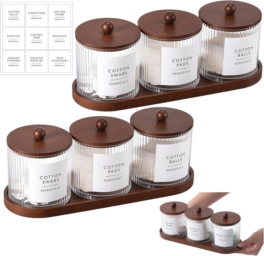 Vesici 6 Pack Bathroom Canisters Ribbed Apothecary Jars with Bamboo Lids 2 Bamboo Trays and 9 Label Stickers Cotton Swabs Holder Bathroom Organizer Storage Set Acrylic 18 oz Dispenser Container(Brown)