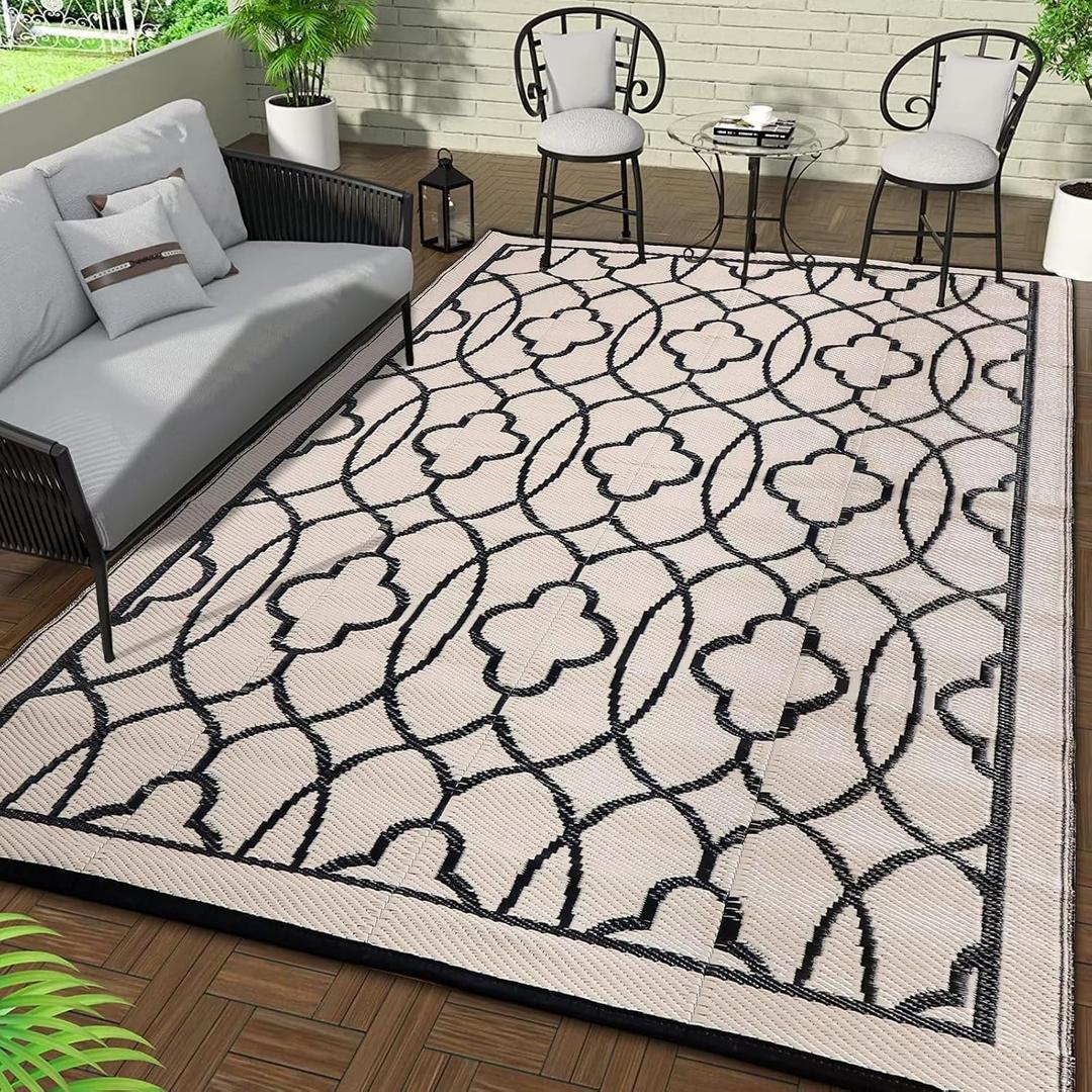 Outdoor Rugs for Patio Clearance - 9‘x12' Waterproof Reversible Indoor Outdoor Rug Carpet, Portable Plastic Straw Rug for RV Camping, Picnic, Beach, Porch, Deck（Rug001）