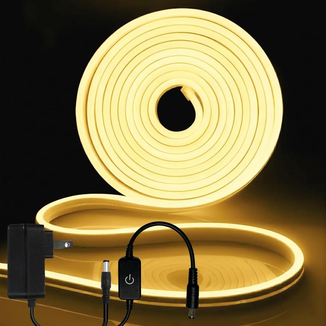 iNextStation Warm White LED Rope Lights 16.4FT/5M DC12V LED Strip Lights, IP65 Waterproof Silicone Neon Light Strip, Flexible Led Light Strip 0.98in Cut for DIY, Rope Led Lights for Bedroom(with Plug)