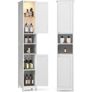 VASAGLE Tall Storage Cabinet with Lights, Slim Freestanding Cabinet with Adjustable Shelves, for Small Spaces, Bathroom, Living Room, Modern, 11.8 Inches Wide, Cloud White UBBC566W02V1, 11.8"D x 11.8"W x 66.9"H