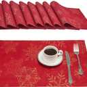 Cloth Place Mats Set of 8 Reusable Rectangular Waterproof Fabric Polyester Washable Wipeable Heat Resistant Jacquard Sparkling Metallic Snowflake for Kitchen Table(Red Gold/13x19 Inch)