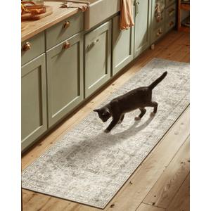 Machine Washable Kitchen Runner Rugs: 2'6"x8' Hallway Rug Non Slip Low Pile Stain Resistant Soft Carpet Runners for Hallways Indoor Entryway Kitchen Laundry Room Bedroom Farmhouse (Brown and Cream)
