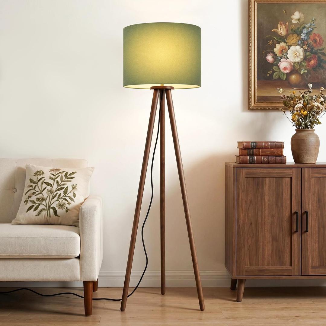 Buruis 60.6 Inch Walnut Wood Tripod Floor Lamp with Linen Drum Shade, Green