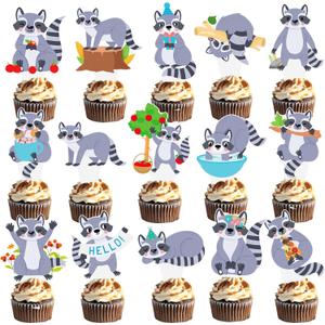 48Pcs Raccoon Theme Cupcake Toppers Woodland Animal Birthday Party Decorations Cartoon Raccoon Cake Topper Decorations for Woodland Theme Baby Shower Forest Animal Party Supplies