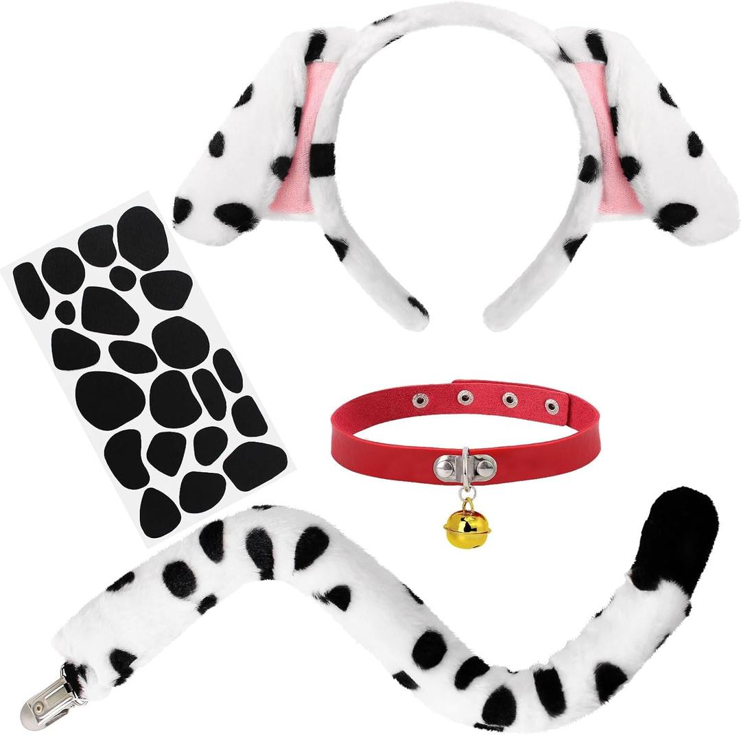 4 Pcs Dog Costume Adults,Dog Ears Headband and Tail/Choker/Felt Stickers,Halloween Costume Accessories Animal Cosplay Dress Up