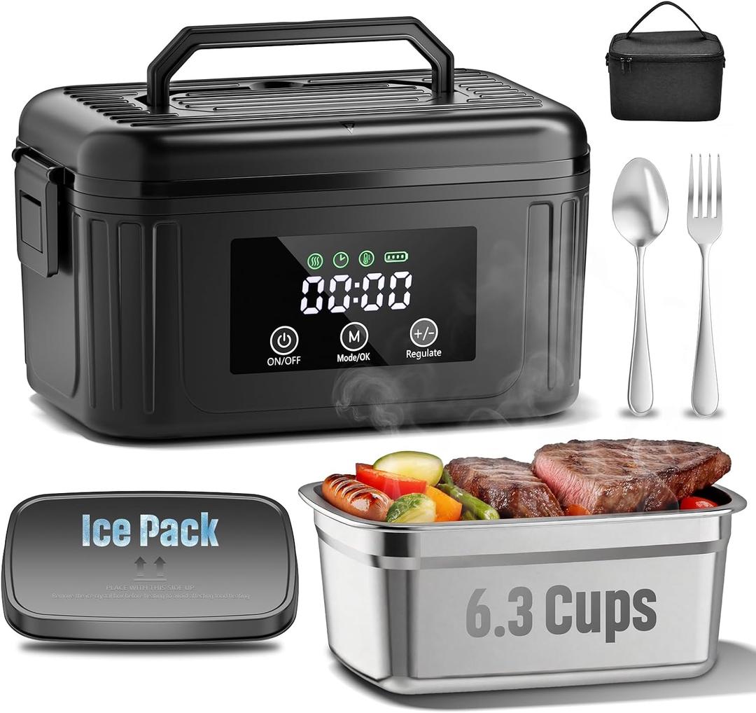 Heated Lunch Box, 6.3-Cup Cordless Electric Lunch Box for Adults, Battery Powered Food Warmer with Scheduled Heating Timer and Removable Ice Pack, Portable for Work, Office, and Outdoor (Black)