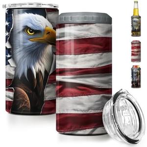 SANDJEST Eagle Tumbler American Flag 4 in 1 12oz Can Cooler Coozie Skinny Stainless Steel Tumbler Gift for Men Dad Father Travel Veteran Day 4th of July, Missing One Cup