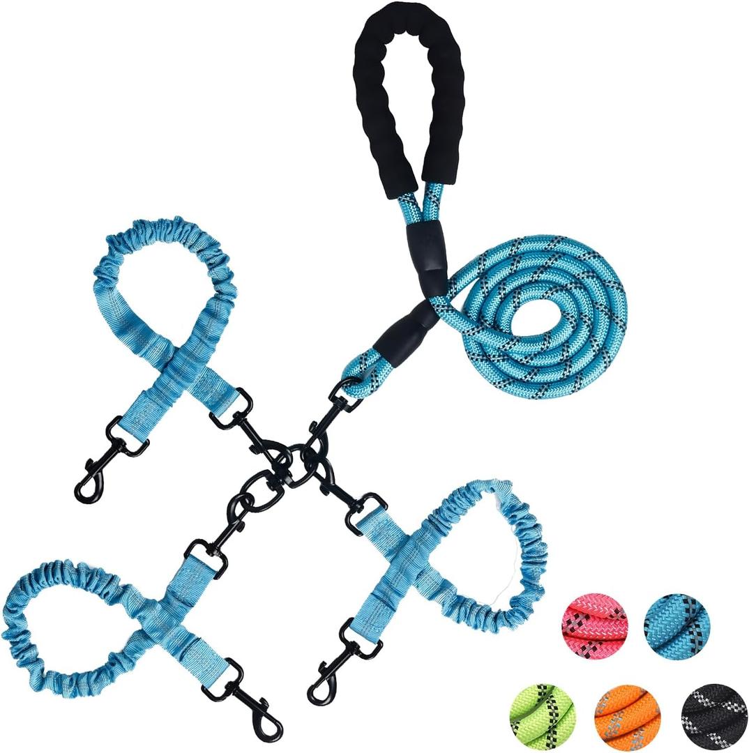 3 Way Dog Leash,No Tangle for Three Dogs, 3 in 1 Dog Leash with 360 Swivel, Shock Absorbing, Reflective Threads Comfort Foam Handle, Ideal for Small Dogs and Dog Training (Blue, Three Leashes)