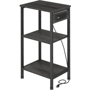 Asgolion Tall End Table with Charging Station, 3 Tier Narrow Beside Table with Adjustable Shelf, Tall Gray Side Table Nightstand for Bedroom, Living Room Coffe Table, Office, Charcoal Grey